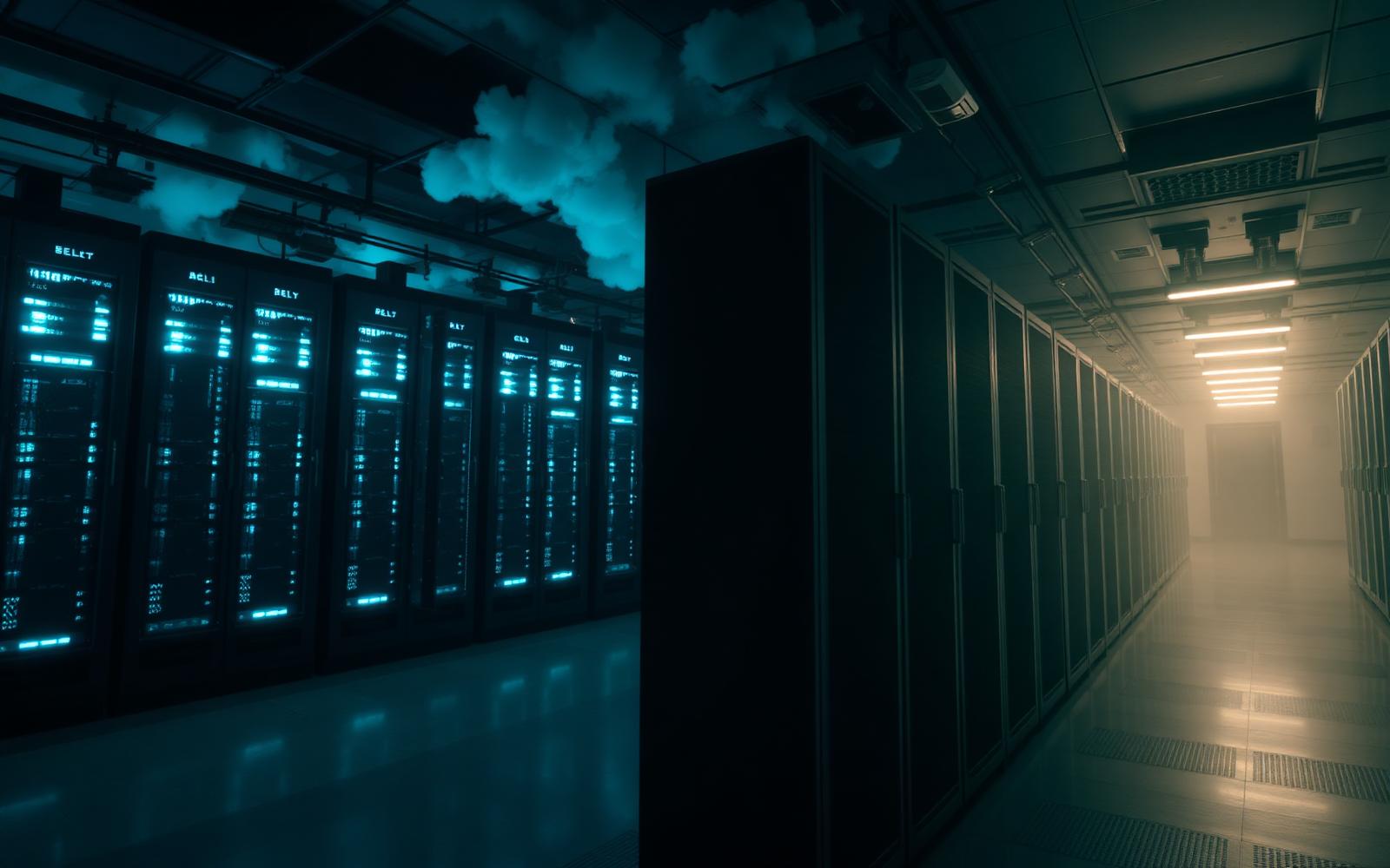 Modern data center corridor with glowing server racks and cloud imagery